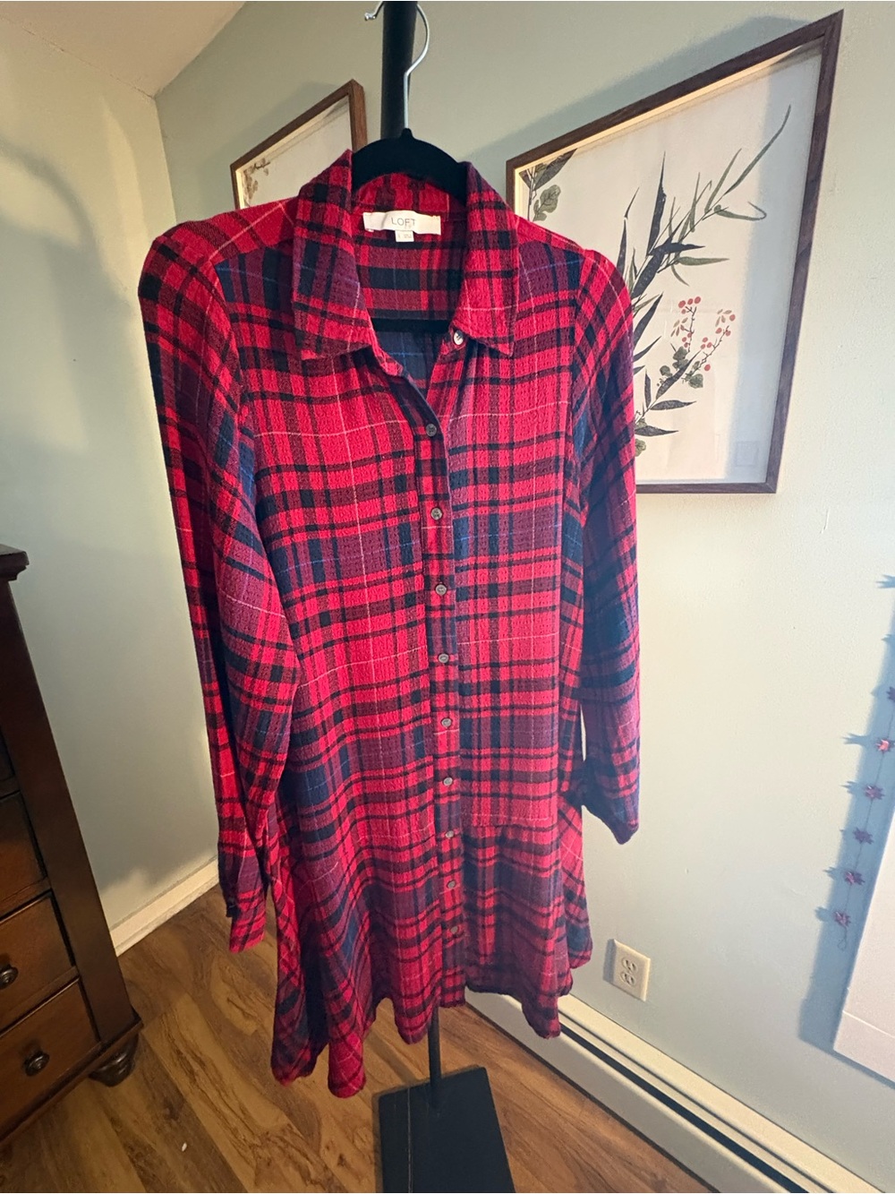LOFT Red and Black Plaid Long-Sleeve Shirt Dress